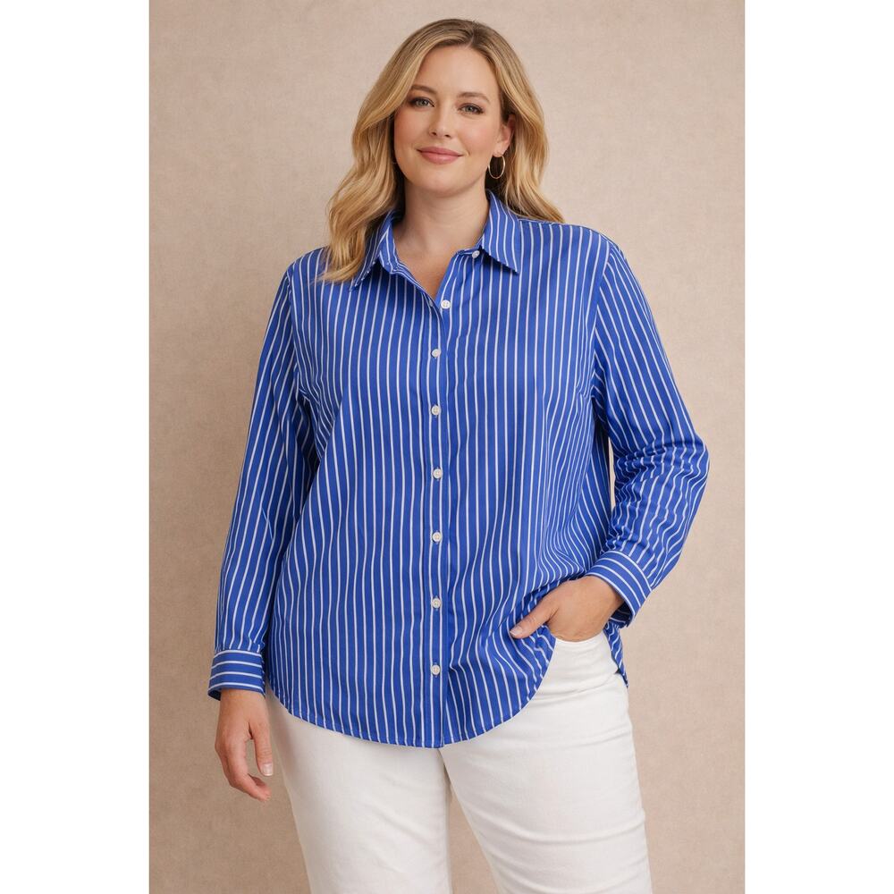 Womens 2XL Blue White Vertical Stripe Button Front Long Sleeve Shirt